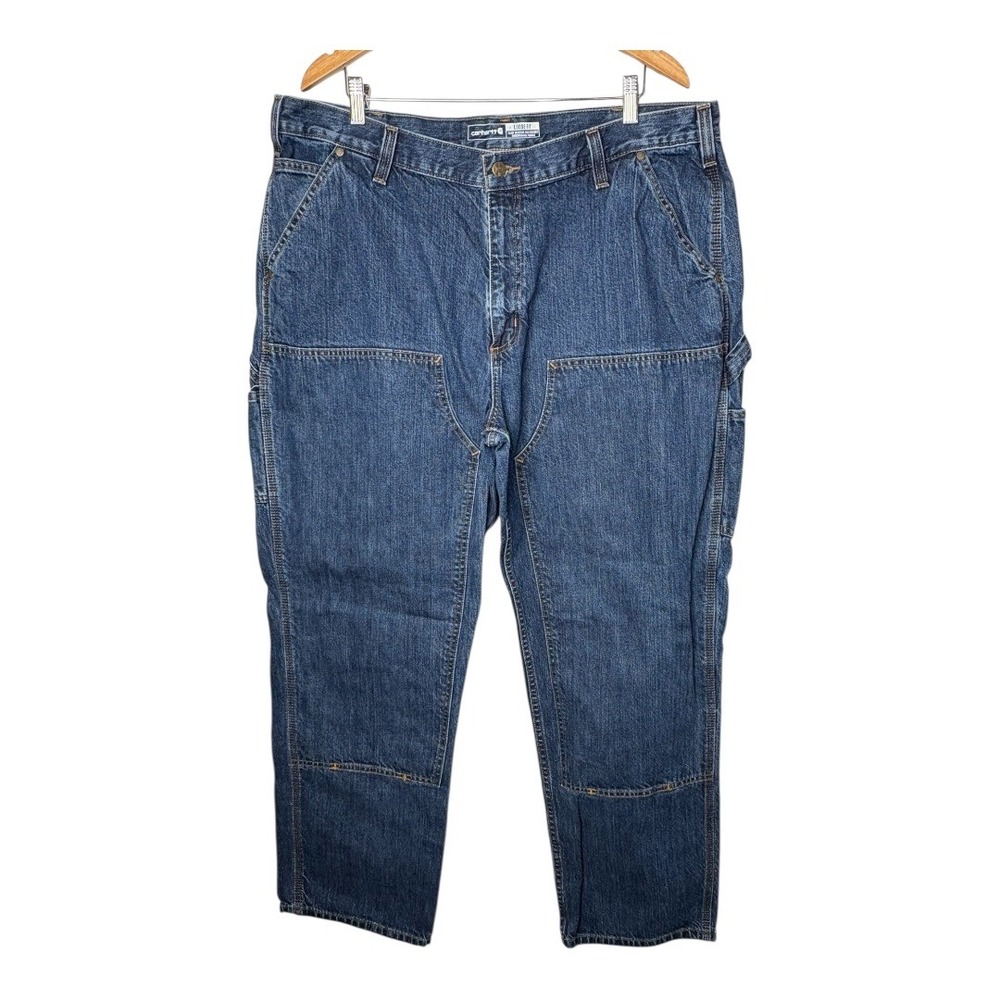 Carhartt Dungaree Jeans Mens 42x32 Blue Double Knee Loose Fit BD4944-M Workwear